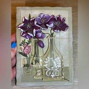 Flower Plaque Signed Boem 3D Resin Purple Flowers in Acrylic Vases EUC